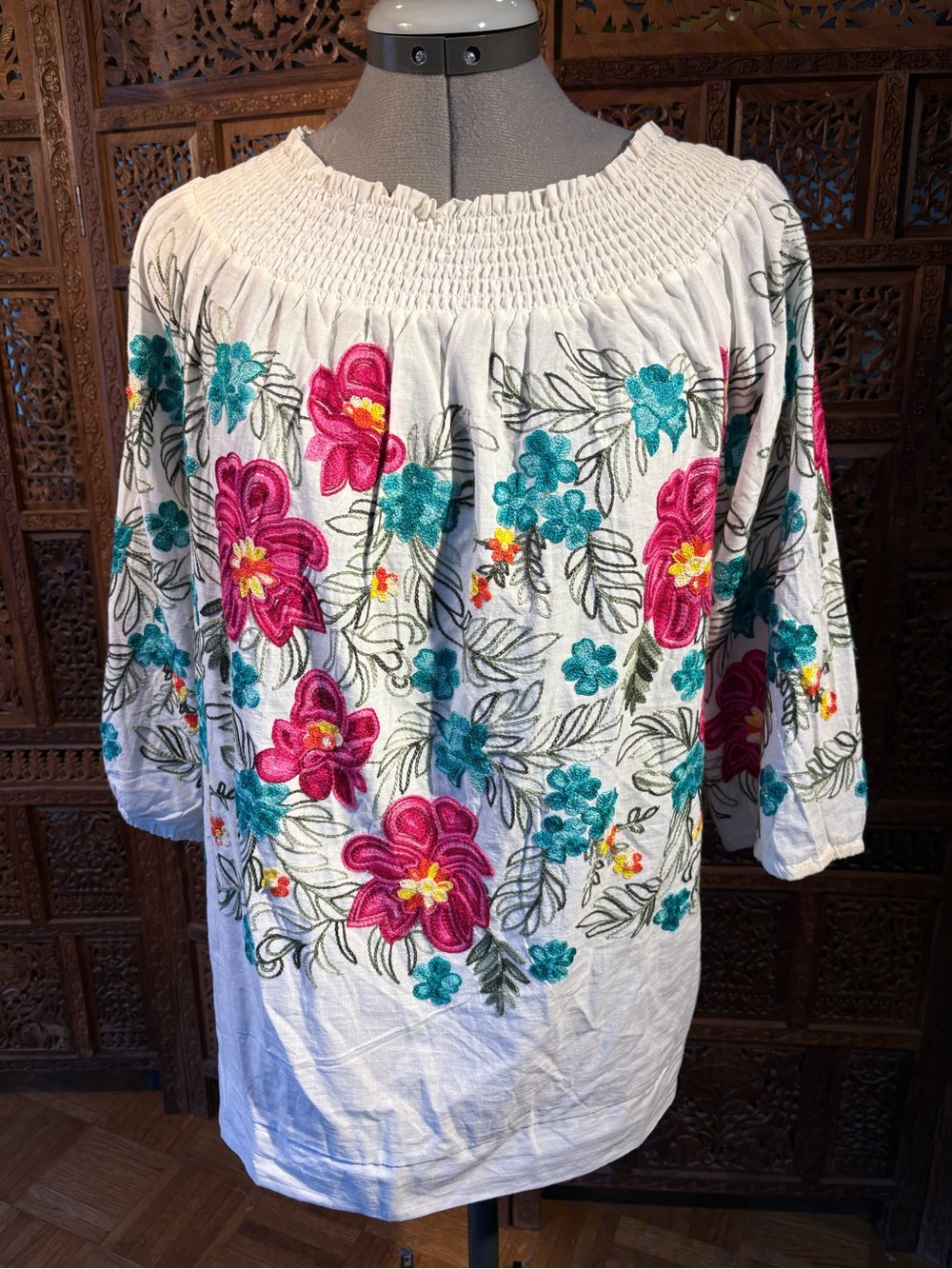 White Embroidered Floral Off-Shoulder Blouse with Pink & Teal Flowers